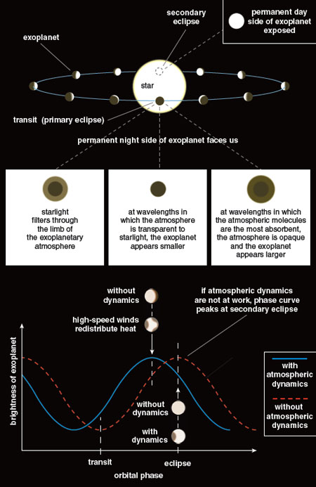 Telescopes detect exoplanetary atmospheres by measuring how they absorb and re-emit radiation from their parent star. Most exoplanets detected are believed to be spin synchronized, possessing a permanent day side facing the star and a permanent night side pointed toward space. When an exoplanet, residing in an edge-on orbit with respect to the telescope, passes in front of its parent star, it causes a primary eclipse or transit. As the exoplanet passes behind the star, it is in secondary eclipse (<em>top</em>). The shadow of the exoplanet as it transits causes a slight dip in the total light from the system, and this effect forms the basis of one of the techniques used for exoplanet detection. As starlight filters through the limb (or the apparent edge) of the atmosphere, the exoplanet appears larger at wavelengths where its constituent atoms or molecules are the most absorbent (<em>middle</em>). The brightness of the exoplanet as a function of the orbital phase (the phase curve) can be used to determine if there are any winds in the atmosphere. The secondary eclipse generates a much smaller dip in the light from the system and this change can be used to subtract out the starlight, creating a phase curve that shows the brightness of only the exoplanet as it orbits. Without winds (or more generally, atmospheric dynamics) the phase curve will peak during secondary eclipse, but if there are winds redistributing heat (and thus infrared radiation) around the exoplanetary atmosphere, the peak will shift (<em>bottom</em>). <strong>Illustration by Tom Dunne.</strong>