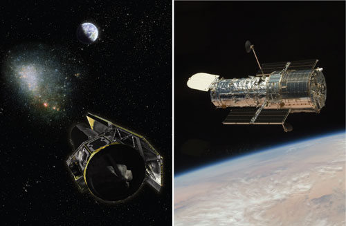Studies of exoplanets are greatly aided by sophisticated space telescopes such as Spitzer (<em>left</em>) and Hubble (<em>right</em>, as photographed from the Space Shuttle Atlantis). These Great Observatories of NASA observe the universe (and the atmospheres of exoplanets) from the ultraviolet to the infrared range of wavelengths. <strong>Image at left courtesy of NASA/JPL-Caltech; image at right courtesy of NASA.</strong>