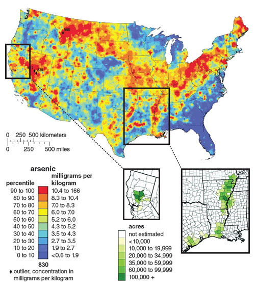 In the United States, areas with high levels of rice production also happen to have some of the highest levels of arsenic in their soils. <strong>Maps courtesy of US Geological Survey and US Department of Agriculture, National Agricultural Statistics Service.</strong>