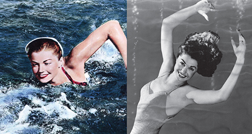 Movie star Esther Williams glamorously demonstrates physics: Hair floats freely under water but when wet hair is brought above water, surface tension (hydrogen bonds at work) holds the wet strands together. <strong>Everett Collection</strong>