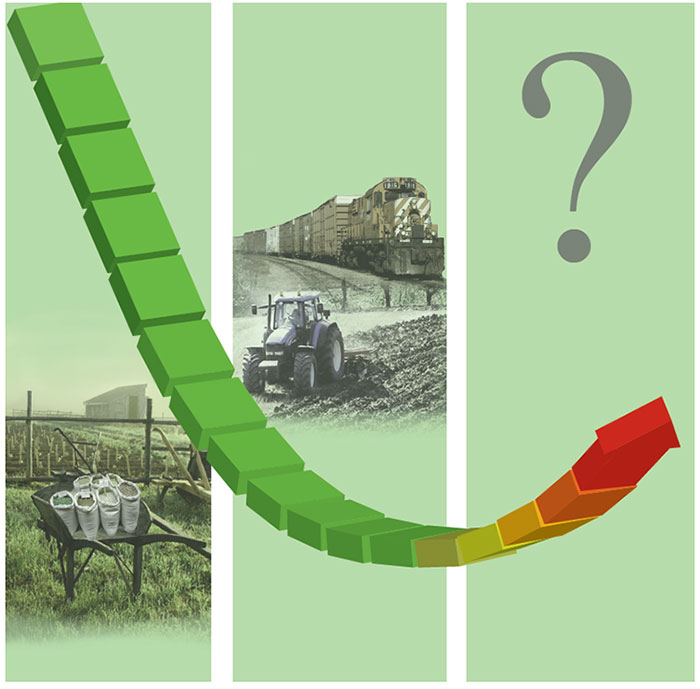 Relative spending on food and energy (arrow) has been dropping over historic time, until around the turn of this century. As basic energy sources—such as human and animal power, or firewood—gave way to industrialized technologies, people had to devote less of their income to meeting basic needs. But as energy and food costs have begun to rise, people will need to turn to new technologies and alternate sources to consume less energy. <strong>Illustration by Russell House.</strong>