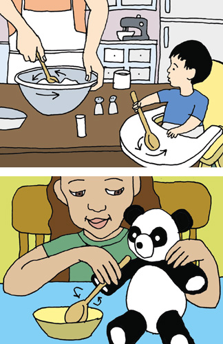 Self-deception, an important ability for emotional health, begins with pretend play, when very young children imitate the actions of people around them (<em>above</em>). Later their pretend play becomes more sophisticated (<em>below</em>). For example, they pretend that one toy is carrying out some activity with another toy. <strong>Illustration by Tom Dunne.</strong>