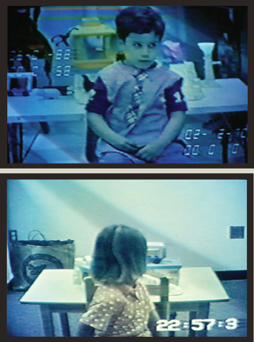 Lying to protect oneself from punishment is a behavior that appears in very young children, with varying degrees of success. In this videotaped study, children were left alone for a short time with a tempting toy but asked not to peek at it. Most children below the age of three peek anyway; from age three to six, they grow better at resisting the temptation. Among the older children who do peek, the proportion of those who lie about it increases with age. <strong>Photographs courtesy of Michael Lewis.</strong>