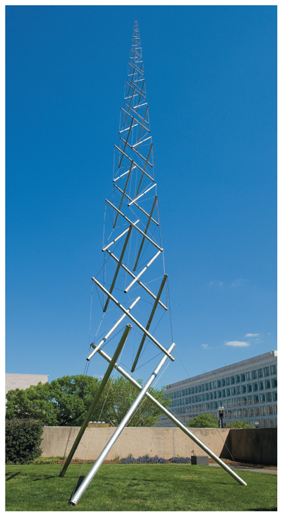 Kenneth Snelson’s <em>Needle Tower</em> (1968) is a tensegrity structure with struts under compression and cables under tension. No direct connections exist between the struts, which are joined only by cables.  <strong>Photograph courtesy of Hirshhorn Museum and Sculpture Garden, Smithsonian Institution, Washington, DC.</strong>