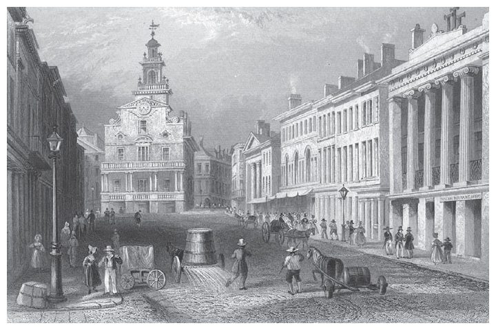 This 1837 engraving depicts Boston’s financial district when Nathaniel Bowditch worked in the area as an actuary on the staff of the Massachusetts Hospital Life Insurance Company. Despite the district’s tidy appearance, actual business practices at the time were anything but. <strong>From <em>Nathaniel Bowditch and the Power of Numbers.</em> W. H. Bartlett, State Street, Boston, ca. 1837. Image courtesy of Tamara Plakins Thornton’s collection.</strong>