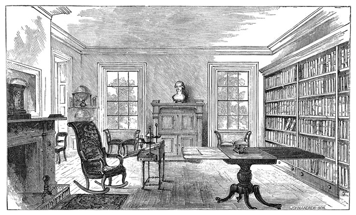 Claiming a place of prominence in Nathaniel Bowditch’s study was a bust of Pierre-Simon Laplace, a gift from Laplace’s widow in appreciation for Bowditch’s work annotating her husband’s multivolume Mécanique Céleste and translating it into English. “The gift of Laplace’s bust from his widow,” notes Tamara Plakins Thornton, “gratified Bowditch deeply. He set aside one of his globes in its favor, then determined that it deserved a finer piece of furniture for its display and bought a brand new secretary for his library.” And what a library. Following his death, Bowditch’s children made his extensive collection of scientific and mathematical texts freely accessible to those in Boston and the vicinity, adding to it with the the help of Bowditch’s colleagues in Europe, who contributed new scholarly works to keep the collection up to date. <strong><em>Dr. Bowditch’s Study in Later Years.</em> In Henry Ingersoll Bowditch, <em>Nat the Navigator. A Life of Nathaniel Bowditch. For Young Persons.</em> Boston: Lee and Shepard, 1870. Image courtesy of Tamara Plakins Thornton’s collection.</strong>