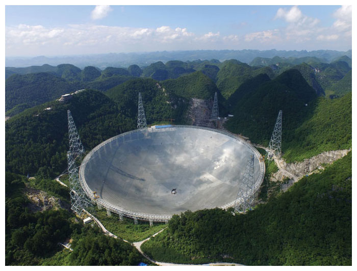 The Five-hundred-meter Aperture Spherical Telescope (FAST), the world’s largest single-dish radio telescope, was completed on September 25 in southwestern China’s Guizhou Province and is now in its testing phase. The surface is made of 4,450 reflecting panels with a total area equal to 30 soccer fields. <strong>Image courtesy of the Chinese Academy of Sciences.</strong>