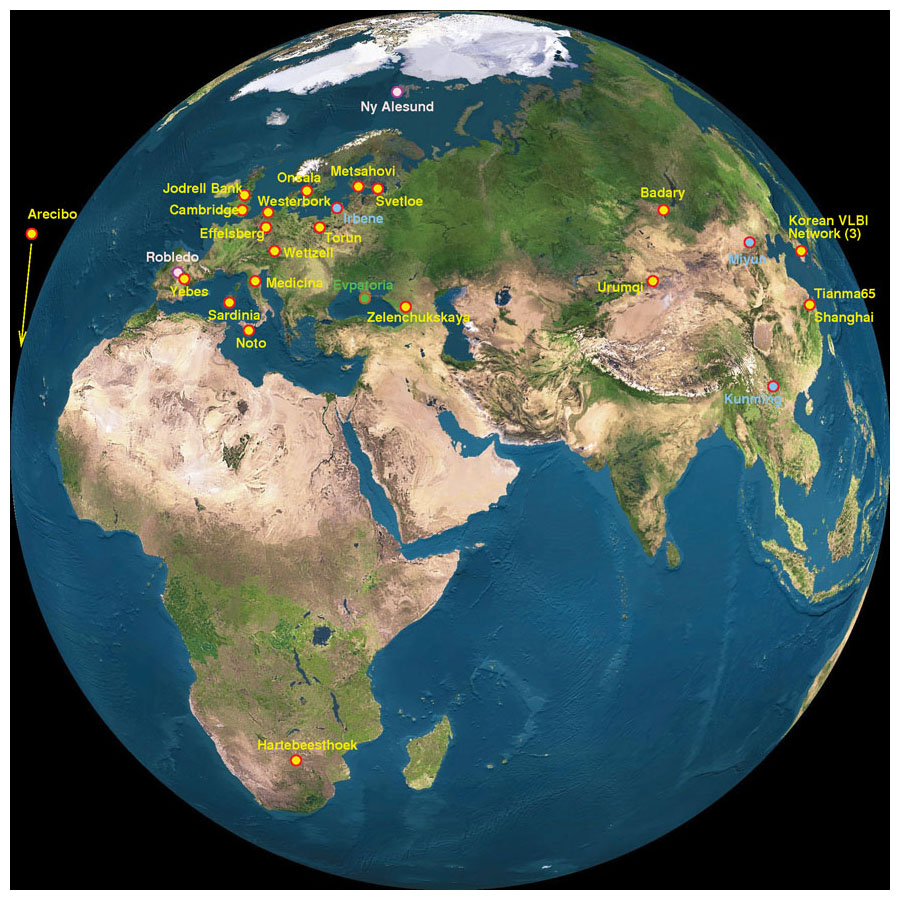 The European Very Long Baseline Interferometry Network (EVN) combines radio telescopes around the globe, often with ones in the United States as well. Yellow and red indicate existing stations, blue shows new stations not yet fully participating, and purple, green, and brown indicate stations that sometimes participate or are running tests to do so. <strong>Image courtesy of NASA/EVN.</strong>