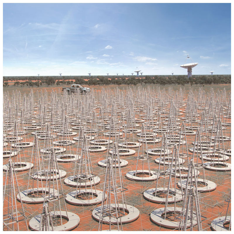 An artist’s rendition shows the components of the upcoming Square Kilometer Array (SKA) in Australia. These dipole antennas will number in the hundreds of thousands and will survey the sky at radio frequencies as low at 50 megahertz. <strong>Image courtesy of SKA Organisation.</strong>