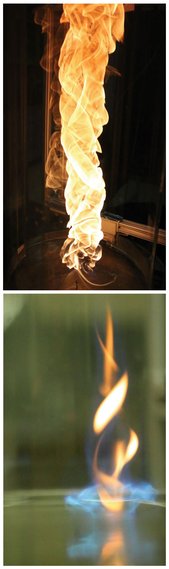 Fire whirls rarely occur in nature, but form readily in enclosed or semienclosed spaces. Yellow flame (<em>top</em>) signals the production of soot. So as a fire whirl, formed by injecting and igniting fuel over water, transitions to a blue whirl (<em>below and subsequent images</em>), it appears to burn fuel more efficiently. But without yet knowing its exhaust composition, it is impossible to say how much fuel the blue whirl is burning versus the fuel evaporating from the water’s surface. <strong>Images courtesy of Huahua Xiao, Michael J. Gollner, and Elaine S. Oran.</strong>