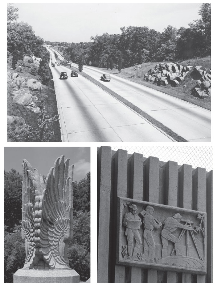 Landscaping and ornamentation were integral to the aesthetic of the Merritt Parkway from the start. An eastbound view (<em>above</em>) near Stamford, Connecticut, captures the open, rustic mood. The parkway’s many artistic flourishes include a raised-wing sculpture (<em>bottom left<em>) atop a pilaster in Stratford, and a bas relief of road surveyors (<em>bottom right</em>) on the Burr Street Bridge in Fairfield. <strong>Photographs courtesy of Library of Congress.</strong>