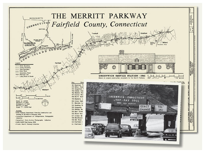 Plans for the Merritt Parkway prefigured its quaint style. But by 1986, the iconic Greenwich toll plaza was showing signs of wear (<em>inset</em>).<strong> Wikimedia Commons, ww2.hdnux.com/photos/41/35/51/8772161/3/.</strong>