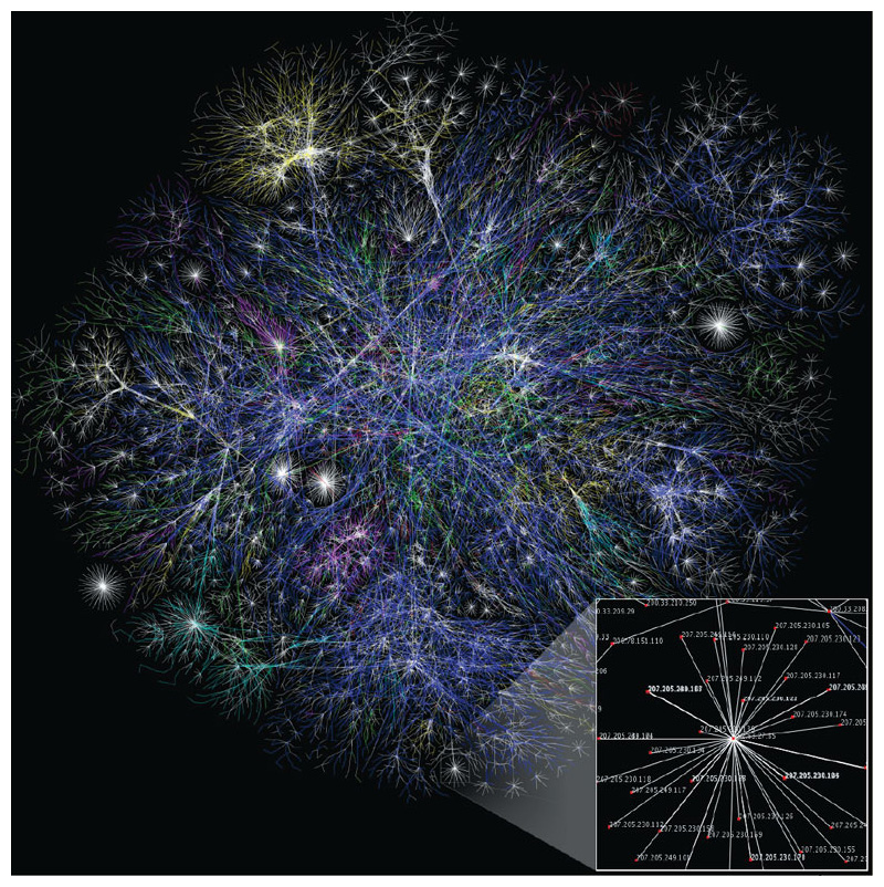A map of internet connectivity uses lines to represent connections and lag times between individual IP addresses (inset). Colors indicate the classification of the domain (.com, .gov, etc.). This map was created in 2005, shortly before Julian Assange established WikiLeaks. The interconnectedness of the internet is part of the reason why online privacy can be so tenuous. <strong>The Opte Project/Wikimedia Commons.</strong>