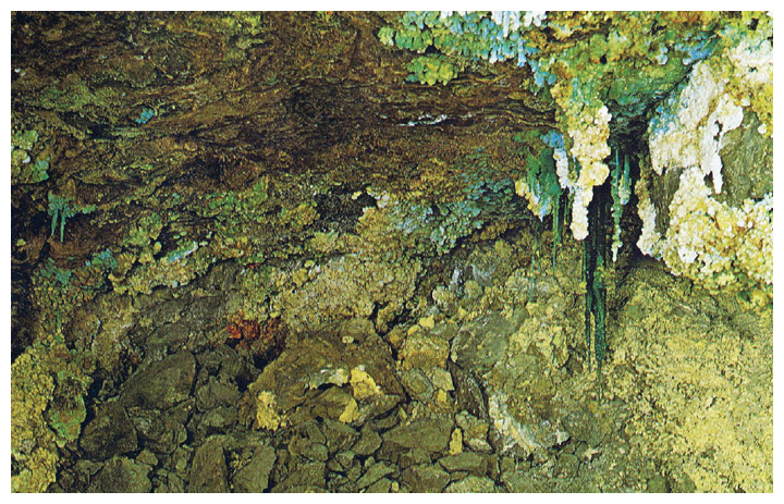 A collapsed slope in the Falun mine in Sweden shows the effect of 300 years of oxidation on a massive pyrite ore. Sulfate stalactites of iron (<em>green</em>), copper (<em>turquoise</em>), calcium, magnesium, zinc, and lead (<em>white</em>) protrude from a mass of iron oxide ocher. The temperature in the mine can reach 50 degrees Celsius. <strong>From D. Rickard and R. O. Hallberg, 1973, <em>De Små gruvarbetarna i Falun. Sevens Naturvetenskap</em>, pp. 102–107.</strong>
