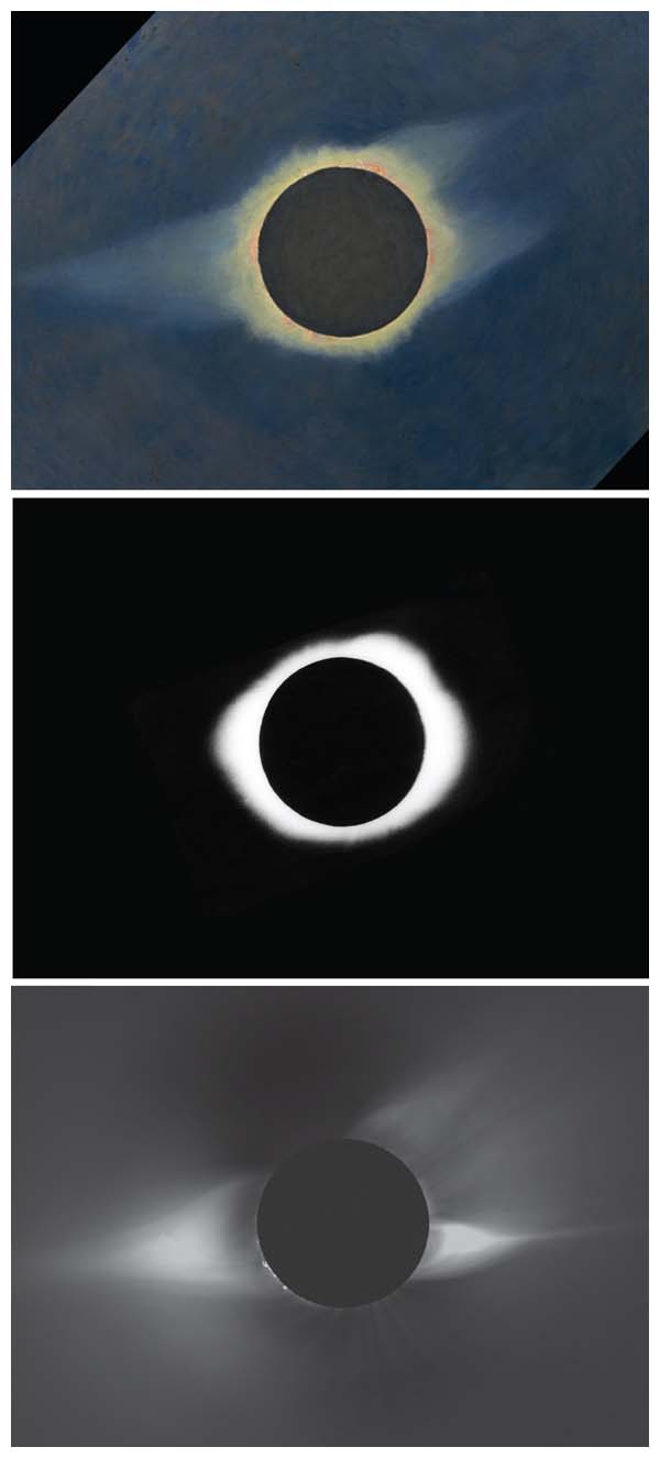 Howard Russell Butler’s painting of the 1932 eclipse (<em>top</em>) was acclaimed for its accuracy, and yet it bears little resemblance to the photograph of the same event taken by astronomer G. Harper Hall (<em>center</em>). More recently the Newkirk camera, equipped with radially graded filters, has fortuitously managed to mimic the workings of the eye and brain in human vision to capture the illusory appearance of coronal streamers (<em>bottom</em>) portrayed in Butler’s painting. <strong>Top to bottom: images courtesy of Princeton University, gift of David H. McAlpin; Royal Astronomical Society of Canada; High Altitude Observatory, University Corporation for Atmospheric Research.</strong>