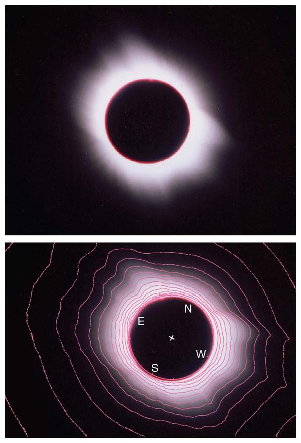 An unmarked photograph of the solar eclipse of March 29, 2006, shows that the white-light distribution of the corona is globular in shape and brightest at its inner edges (<em>top</em>). The gradations of brightness of the light can be delineated in terms of <em>isophotes</em>, superimposed on the photograph (<em>bottom</em>) like the contour lines on a topographic map. <strong>Republished from R. Woo and H. Druckmüllerová, <em>Astrophysical Journal</em> 678:L149, with permission of AAS.</strong>