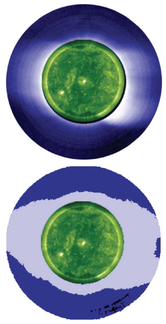 An image of the white-light corona on January 17, 1997, taken by the ground-based High Altitude Observatory Mauna Loa coronameter, reproduces the artifacts of diverging polar coronal holes and coronal streamers (<em>top</em>). When brightness and contrast are enhanced (<em>bottom</em>), the illusion of diverging polar coronal holes is gone. <strong>Republished from R. Woo, <em>Solar Physics</em> 231:71, with permission of Springer.</strong>