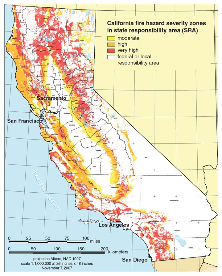 Some states, including California, have mapped fire hazards and are using this information to improve decision making about where and how homes and infrastructure are built. Such maps are crucial for local and state agencies to plan well for fire. <strong>Image from the California Department of Forestry and Fire Protection.</strong>