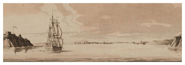 Boston is seen in the distance from Castle Island, a mooring point too close to the city to prevent infected sailors from spreading smallpox while on leave from their ship. From <em>The Fever of 1721.</em> <strong>Joseph F. W. Des Barres, Boston, as seen between Castle Williams and Governor’s Island, distant 4 miles . . . (Detail)</strong>