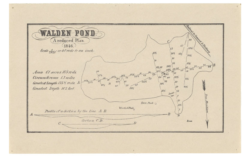 <em><strong>"Walden Pond: A reduced plan," drawn by Thoreau in 1846 and published in </em>Walden<em> in 1854.</em> Image, New York Public Library Digital Collections.</strong>