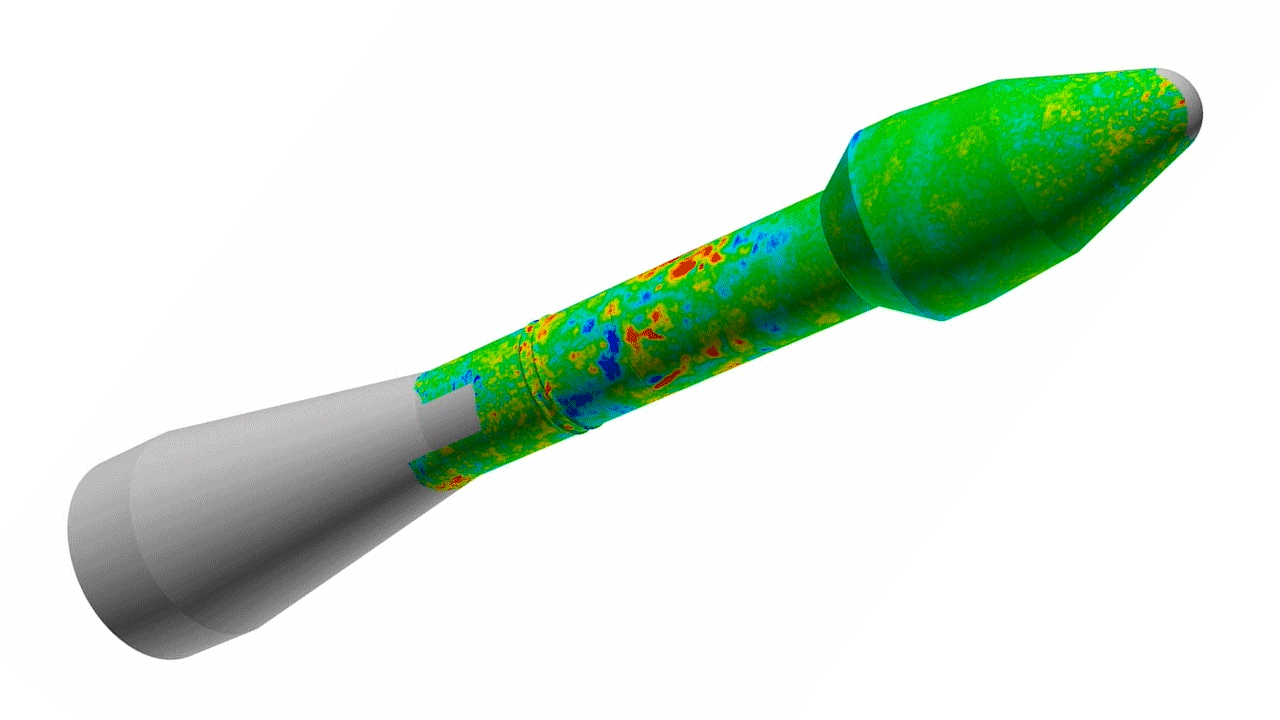 This video is a visualization of the full-coverage measurements of fluctuating pressure forces affecting a rocket during the simulated launch of a wind tunnel test. Aircraft and spacecraft must be designed to withstand these dynamic forces, called buffeting, or risk being shaken to pieces. The changes in pressure are visualized as colors (red: higher-than-average pressure; blue: lower-than-average pressure), and represent the moments before the rocket reaches supersonic speeds. A new kind of pressure-sensitive paint makes such accurate measurements possible. Credits: NASA Ames Research Center/Scott Murman